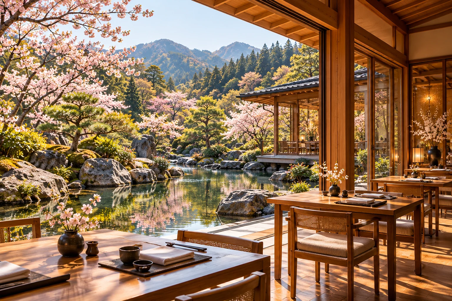 A golden-hour dining pavilion beside a still Japanese garden pool