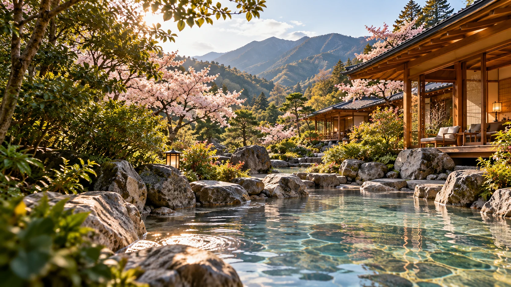 Golden sunlight over the retreat’s timber villas, cherry blossoms and garden pools