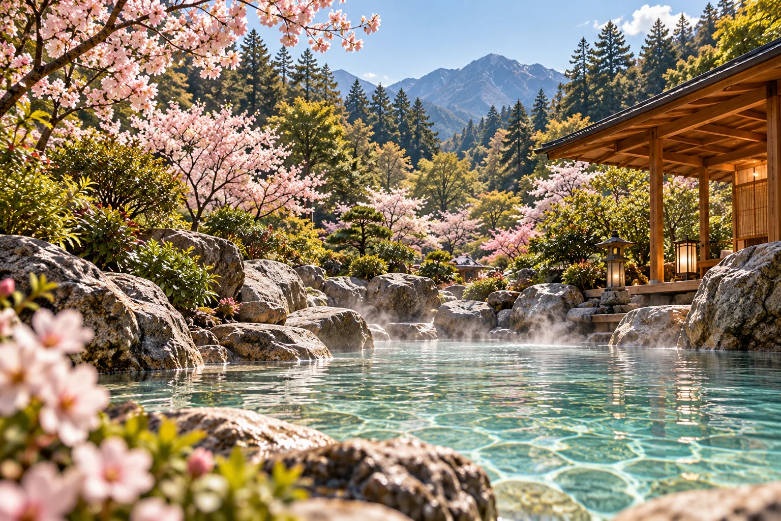A secluded mineral pool surrounded by sakura and natural granite