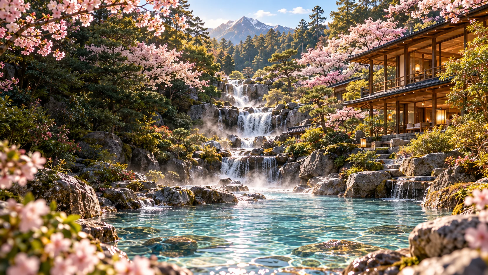 Clear mountain hot springs beneath cherry blossoms, cascading waterfalls and a Japanese timber retreat