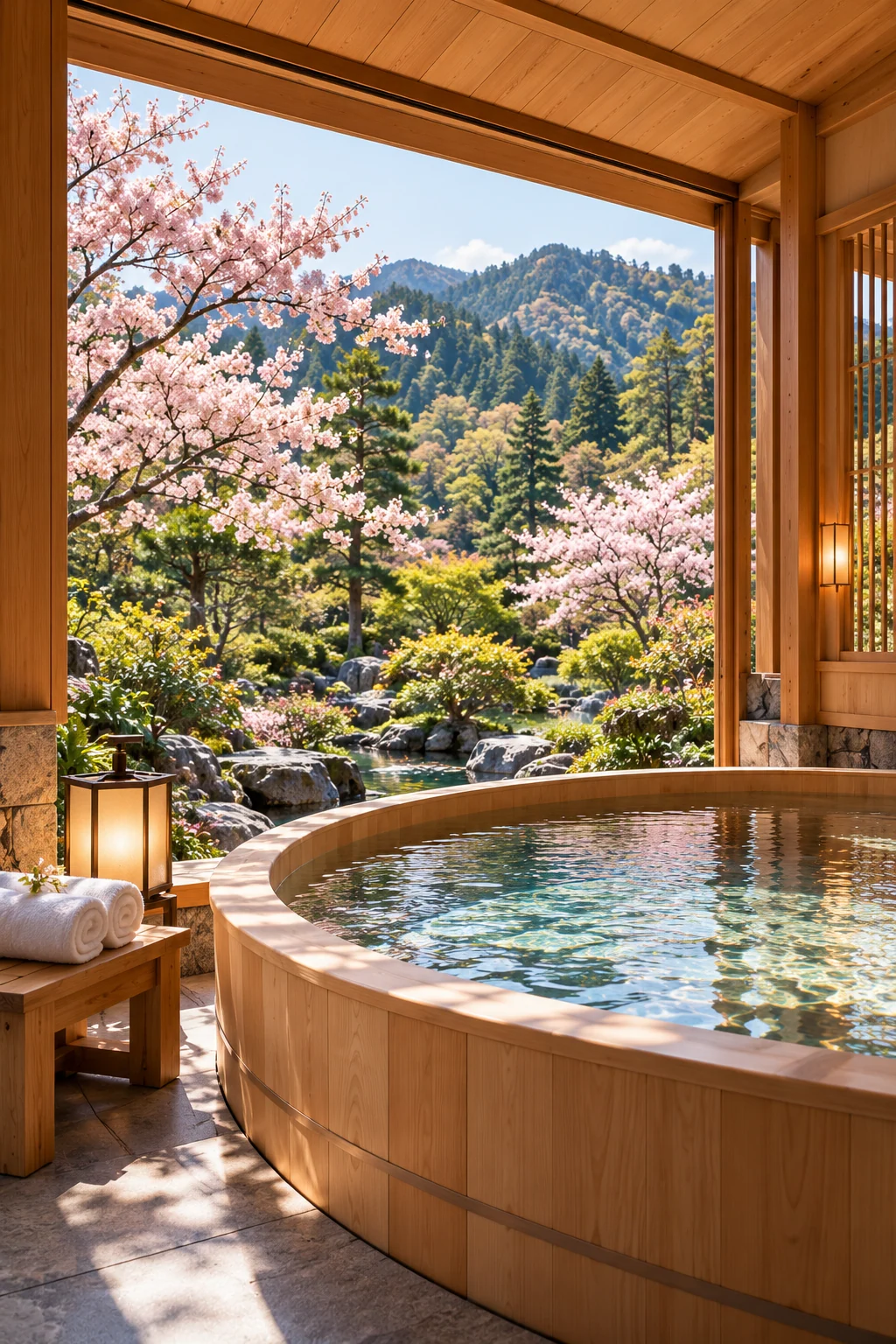 A private round hinoki bath opening onto a flowering Japanese garden