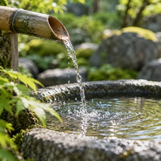 Clear spring water falling from a bamboo spout into a stone basin