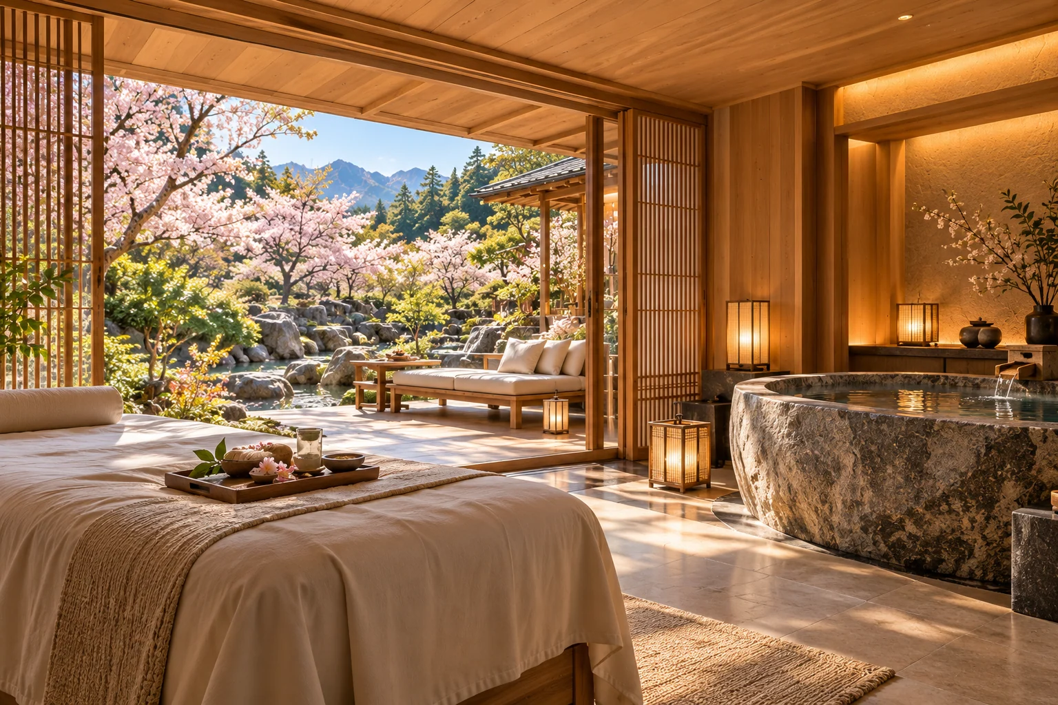 A bright, serene treatment room in warm timber, natural stone and soft linen