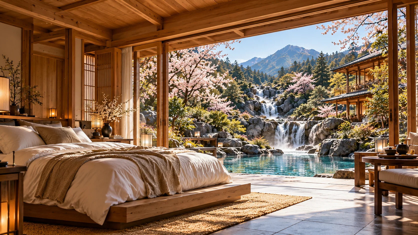 A luxurious timber villa with soft linen bedding, a private pool and a distant waterfall